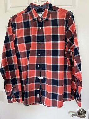 Express Men’s Coral and Navy Plaid Button-Down Shirt - Size Medium